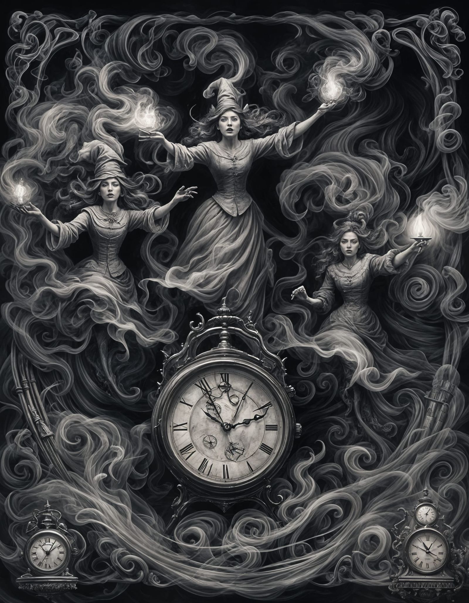 Witches in Smoke and Clocks: Charcoal Art