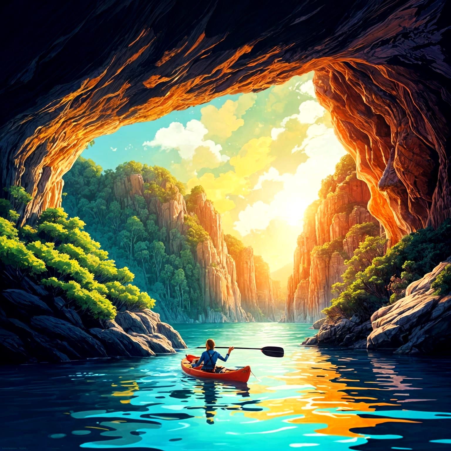 A beautiful woman kayaking in the breathtaking beauty of the...