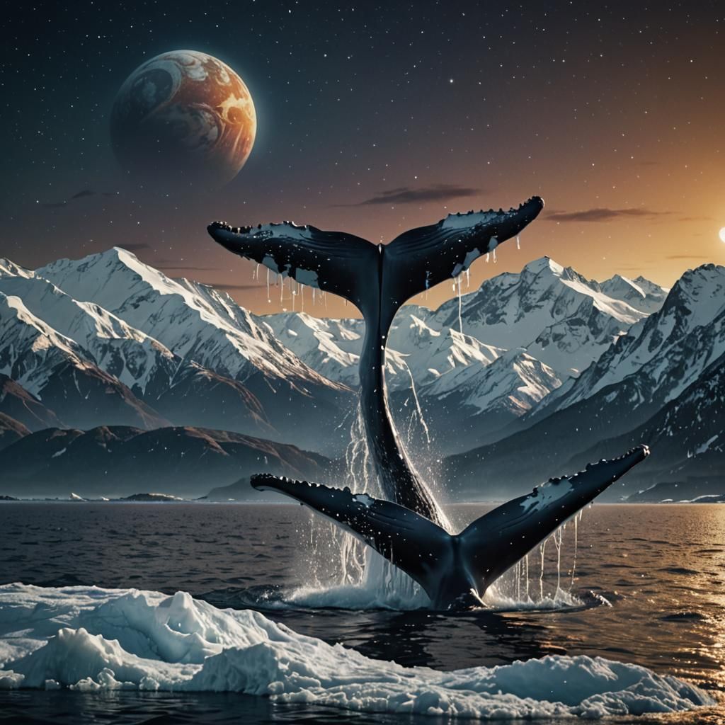 Whale Tail Surfacing Near Jupiter: Cinematic Film Still