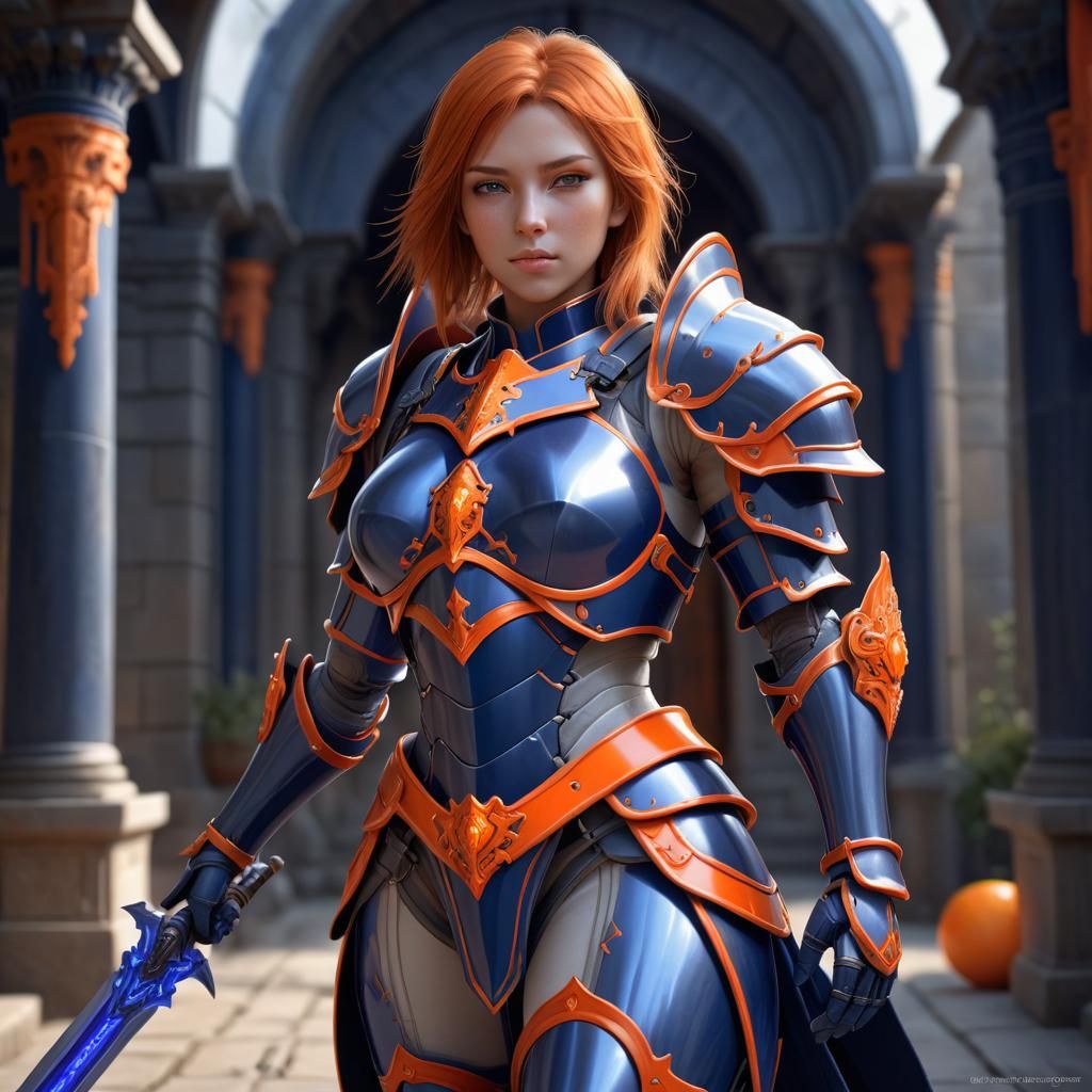 Epic Female Paladin in Indigo Armor, Dreamcore Style