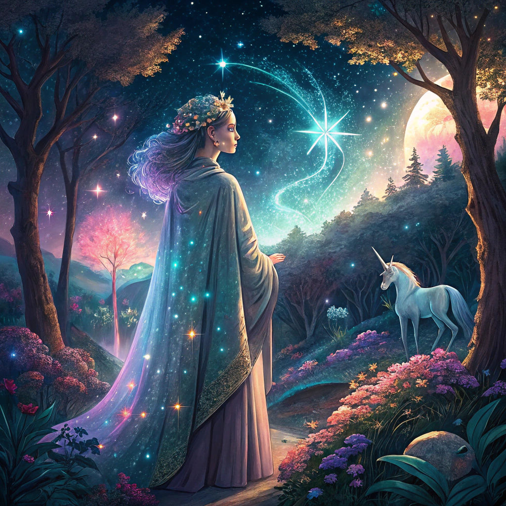 Mystical Woman in Starry Forest with Unicorn