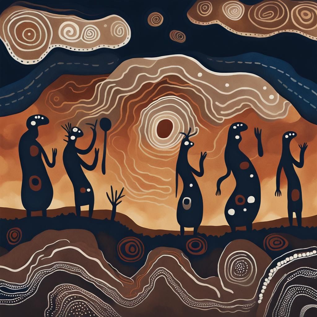 Wandjina Spirits in Aboriginal Rock Art Style