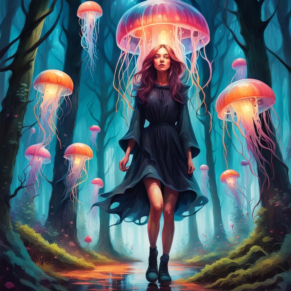Enchanted Witch in Jellyfish Forest: Graffiti Art