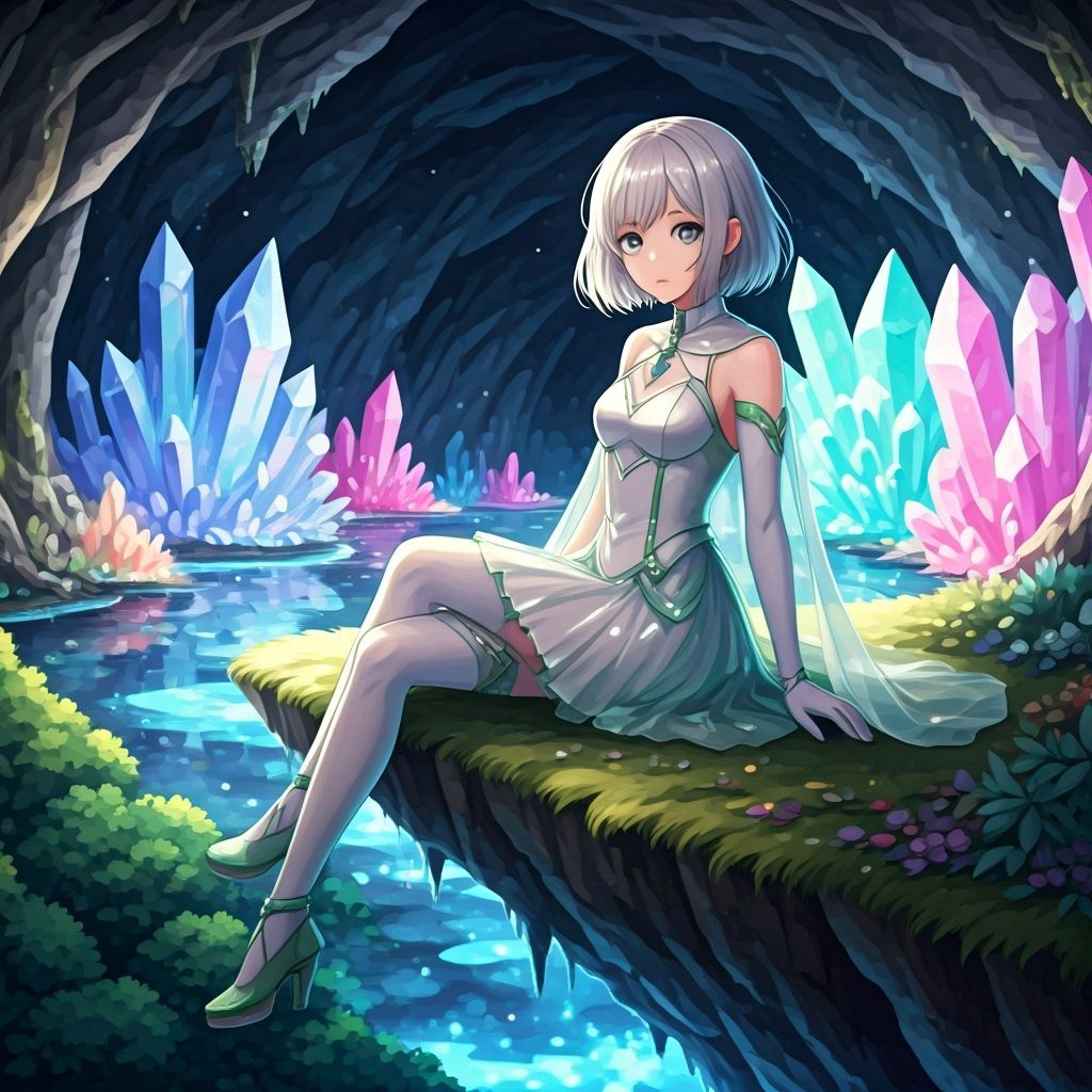 Anime Girl on Cliff Overlooking Forest in Detailed Dress
