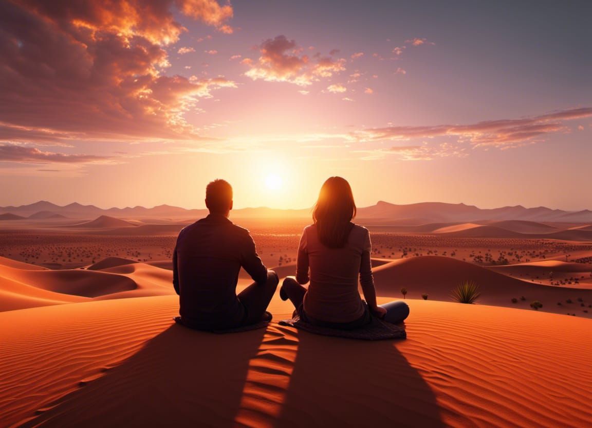 Martian Sunset: Hyperrealistic Couple's Desert View