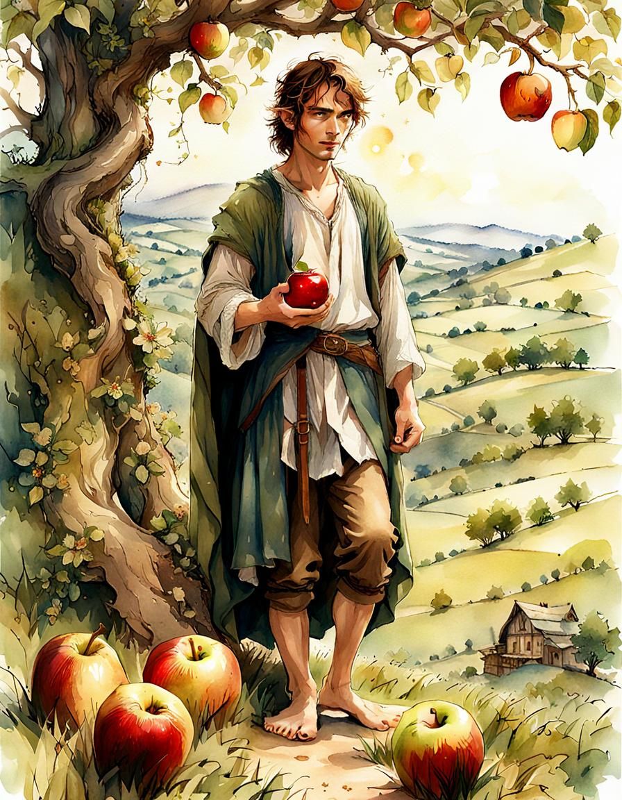 Hobbit with Apple in Middle Earth Watercolor
