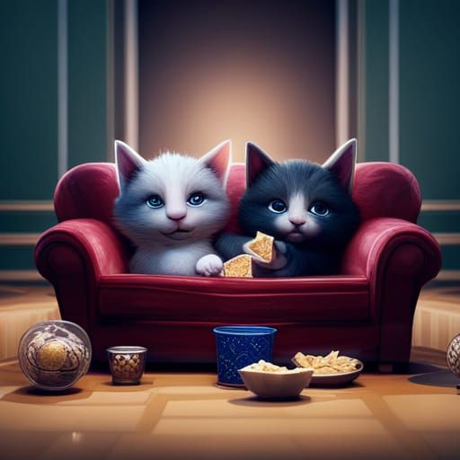 Kittens Cuddling on Couch: Fantasy Concept Art