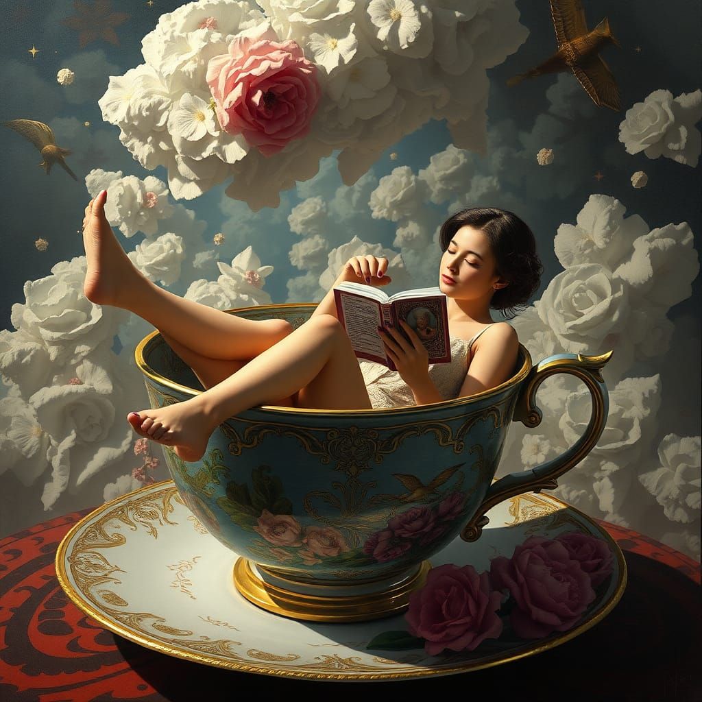 Woman Lounging in Teacup: Surreal Hyperrealistic Matte Paint...