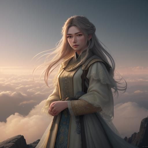 Ethereal Woman on Misty Peak: Anime-Inspired 3D Art