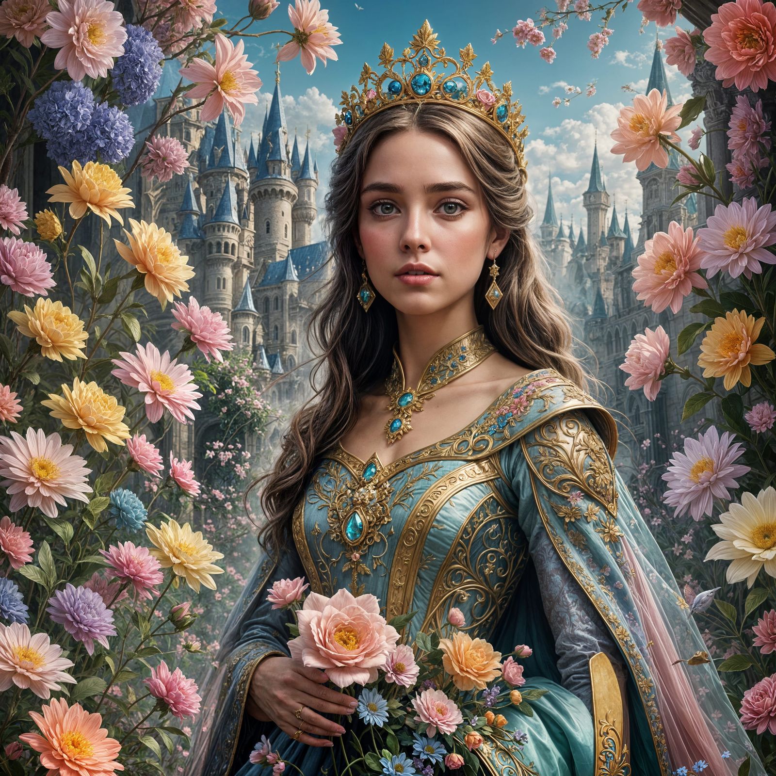 Beautiful Princess with Flowers in Pastel Digital Art