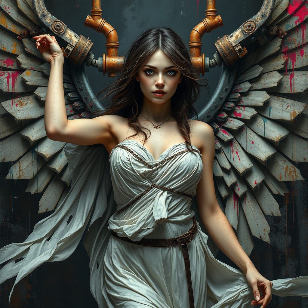 Mechanical Angel Goddess in Tattered White Gown