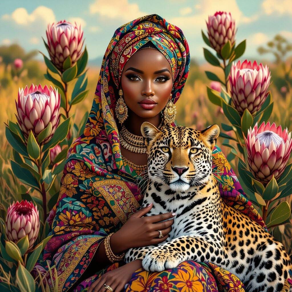 Woman with Leopard and Protea Flowers