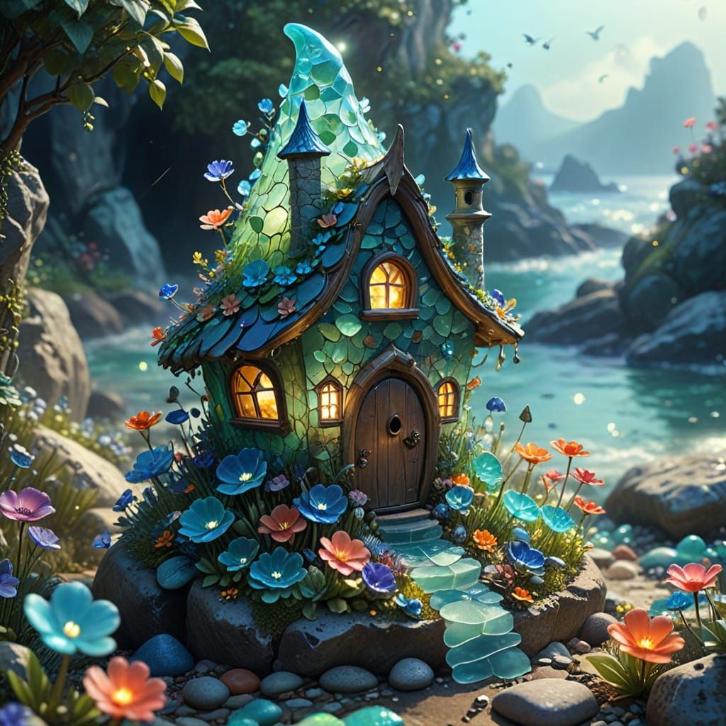 Shimmering Sea Glass Fairy House in Vibrant Digital Art