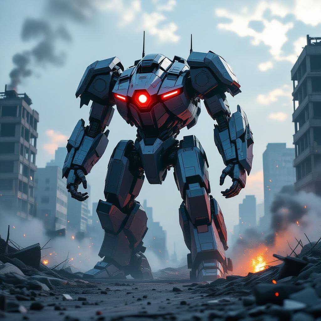 Futuristic Battle Mech in Destroyed Cityscape