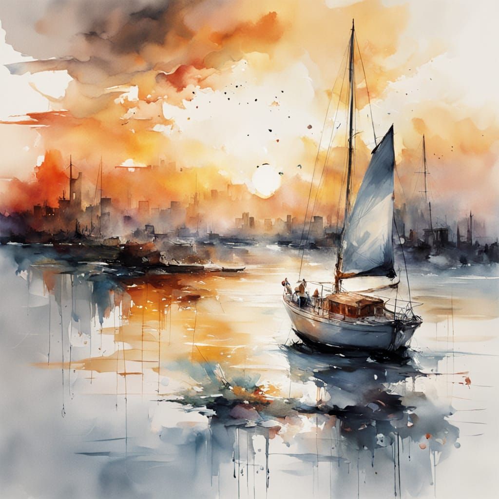 Ocean Sunset with Sailboat in Watercolor Style