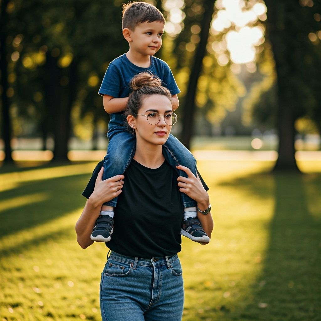 Woman Carrying Boy in Sunlit Park