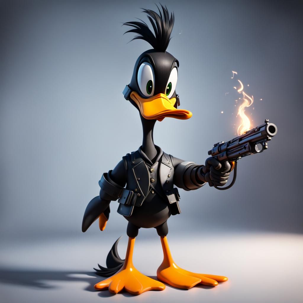 daffy duck singing pointing open end muzzle gun with wick burning ,big music notes floating,AMD , GeForce RTX, 2TB NVMe ...
