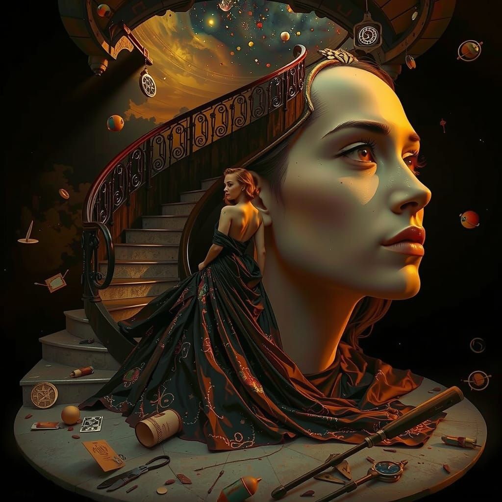 Art Deco Woman Ascends Abstract Staircase