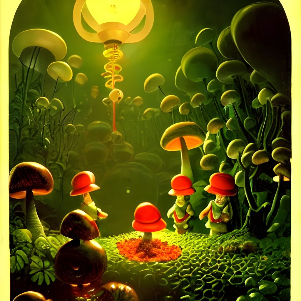 Leprechauns Gardening Glowing Mushrooms: Sci-Fi Fantasy