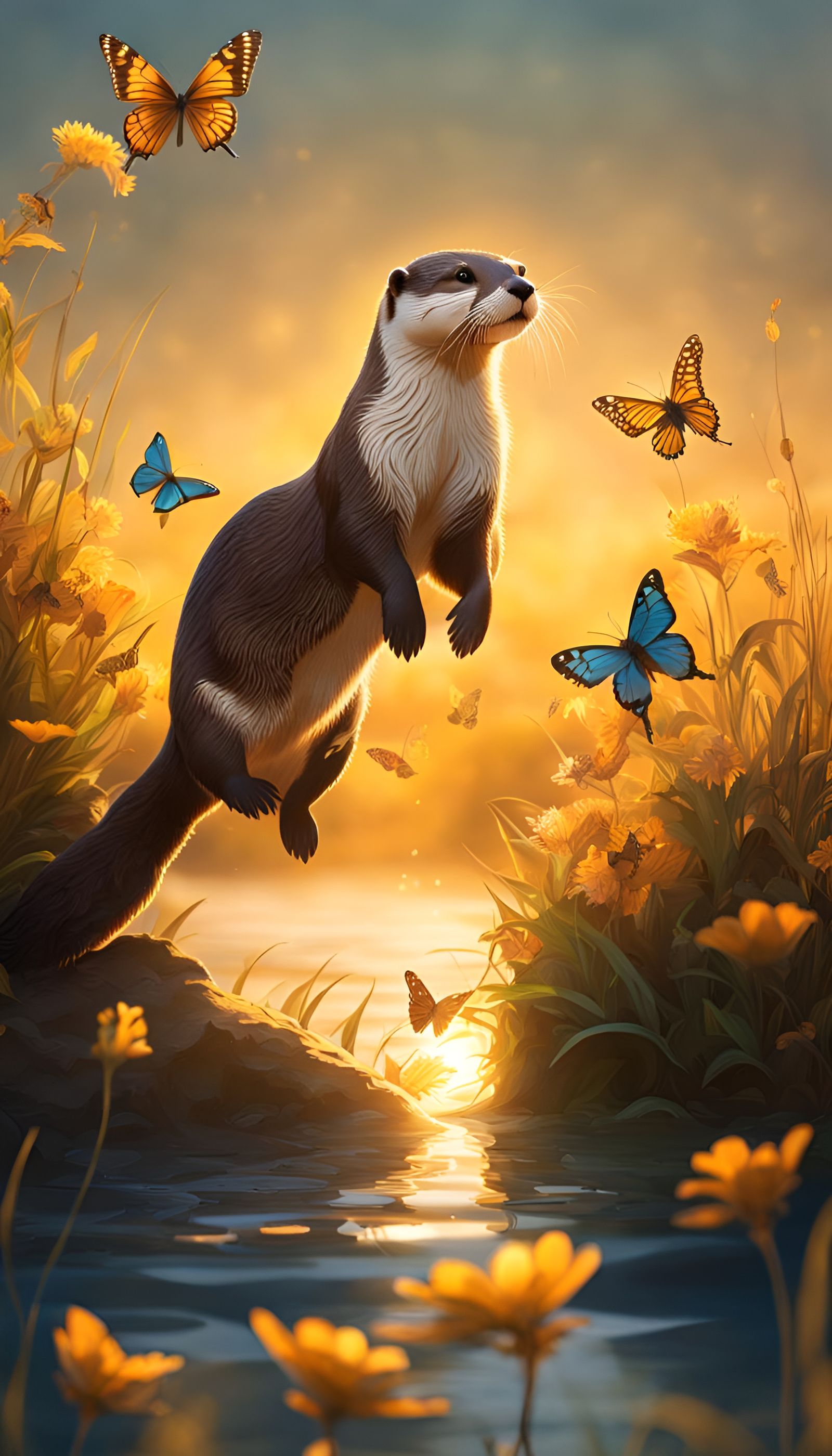 Grateful Otter with Butterflies in Golden Light
