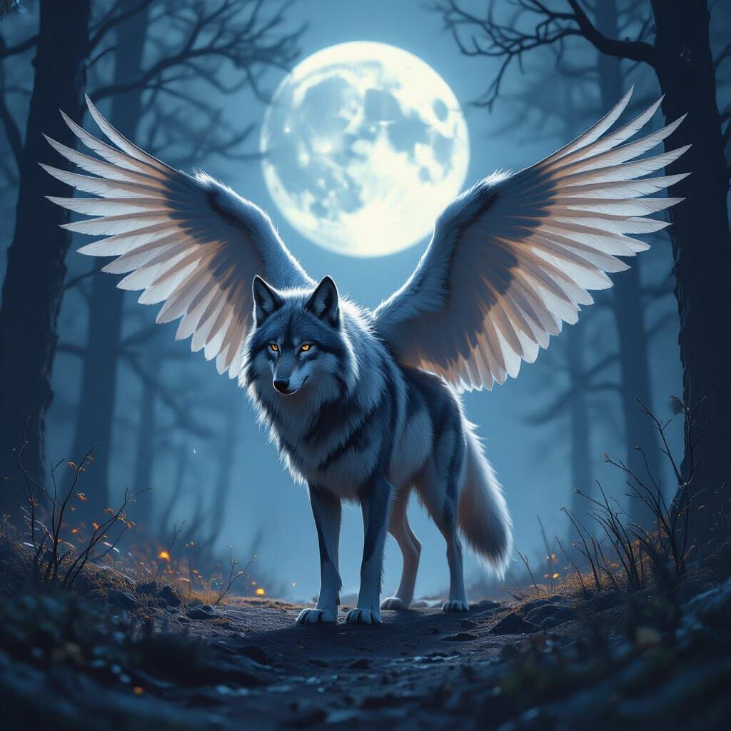 Wolf With Lynx Ears and Owl Wings in Moonlight