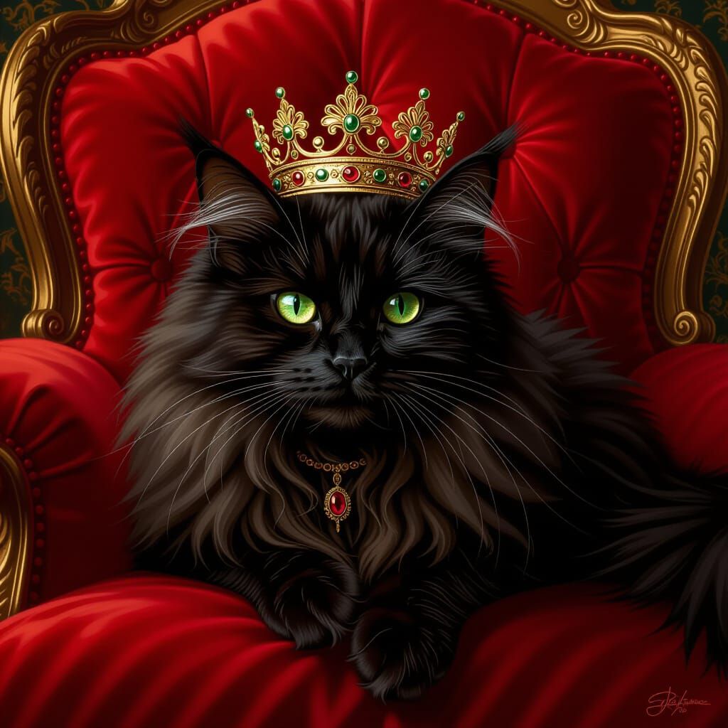 Fluffy Black Cat with Green Eyes and Crown on Velvet Cushion...
