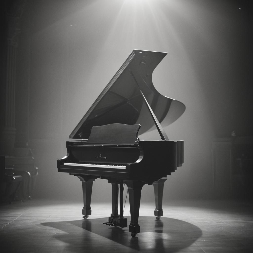 Elegant Grand Piano in Monochromatic Film Photograph