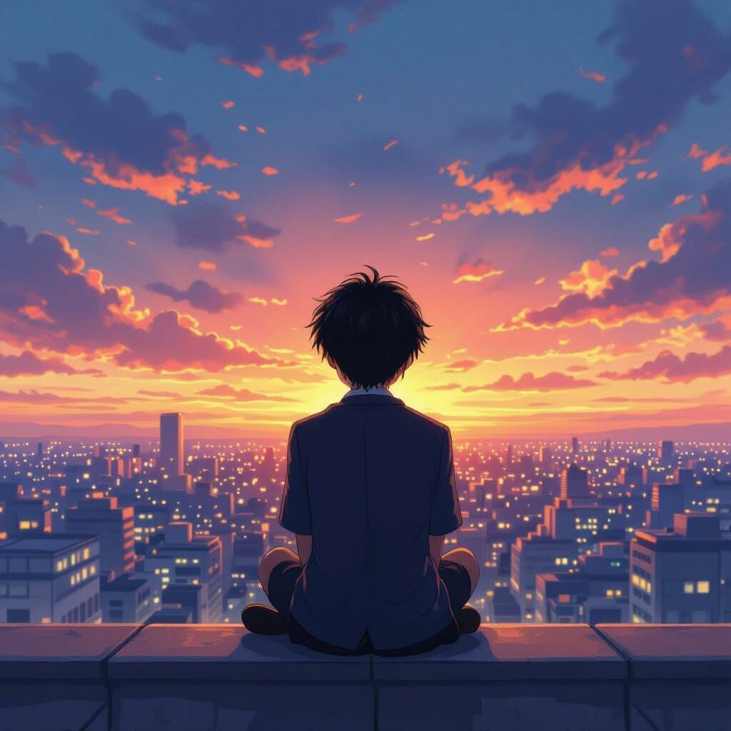 Anime Boy on Rooftop at Sunset