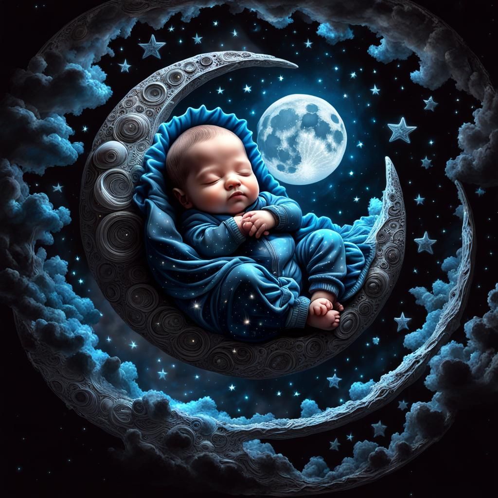 Baby Sleeping on Bioluminescent Moon in Galaxy