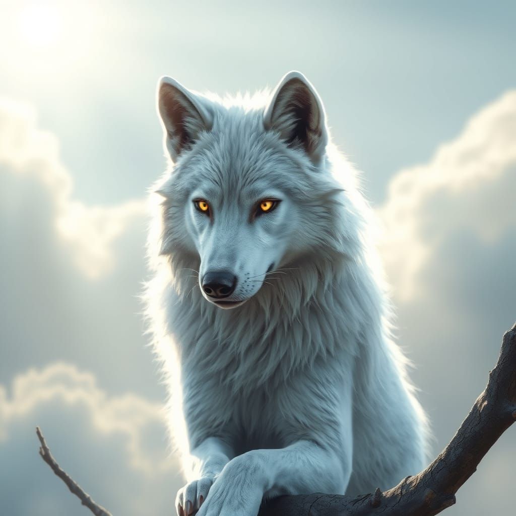 Ethereal White Wolf on Branch in Fantasy Style