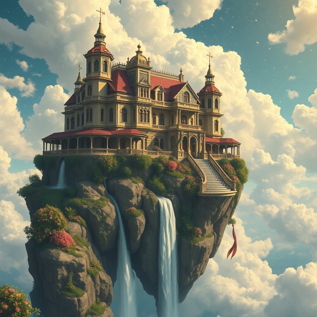 Whimsical Cloud Castle with Majestic Mansion and Ethereal Ga...
