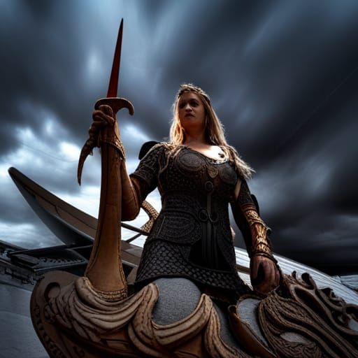 Viking Woman Warrior on Dragon Longship
