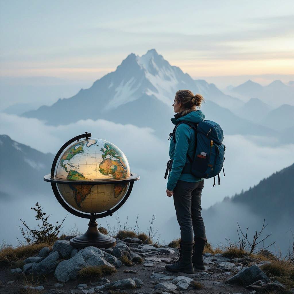 Woman Gazing at Globe on Misty Mountain Top