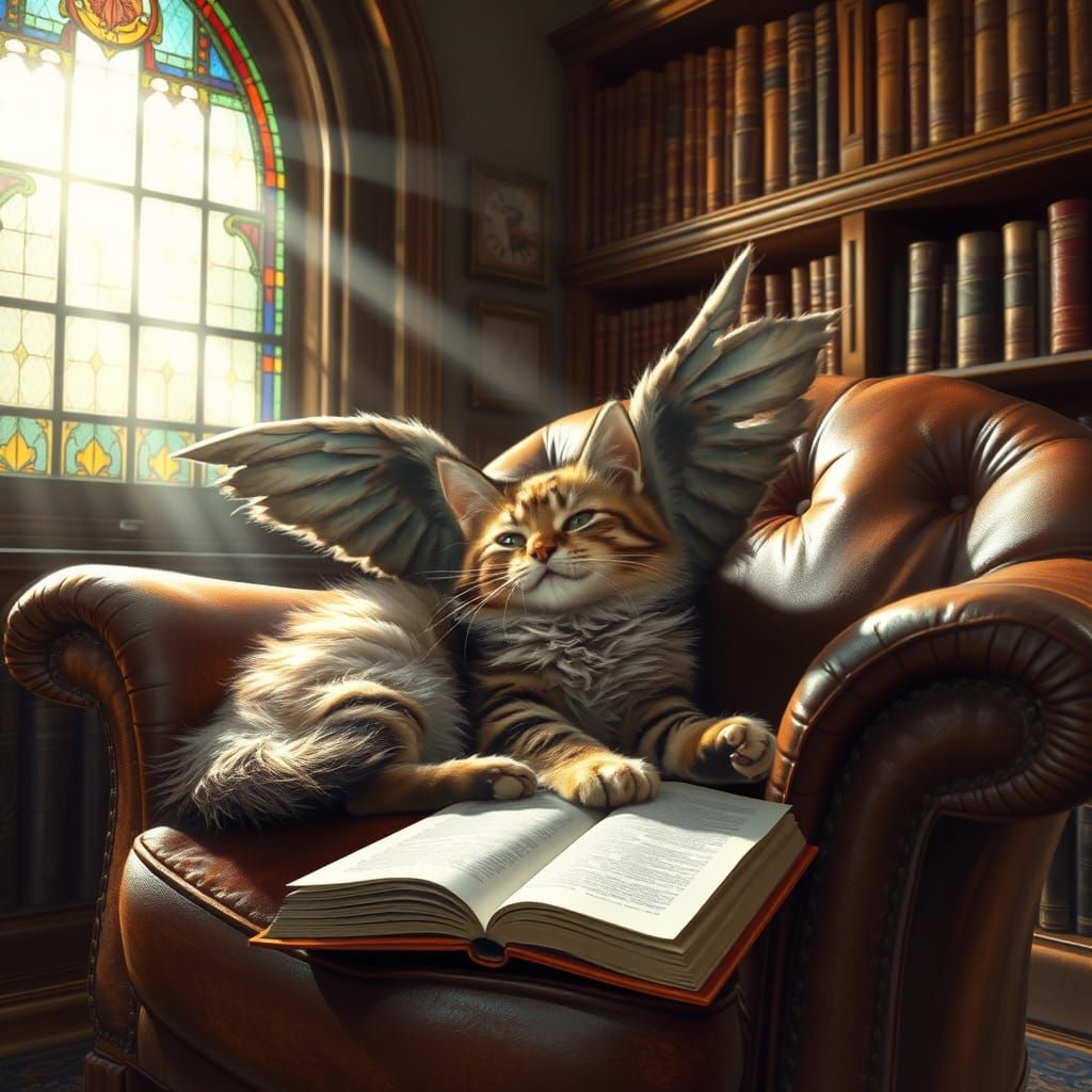 Winged Cat Lounges in Cozy Library