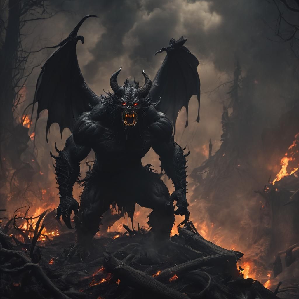 Angry Devil with Dark Wings in Hellish Landscape