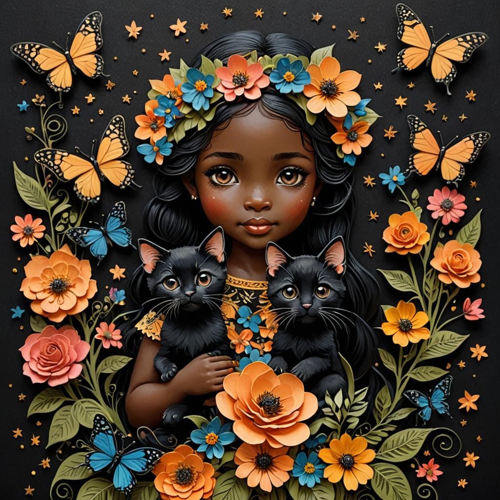 Adorable Child with Kitten in Graphic Style