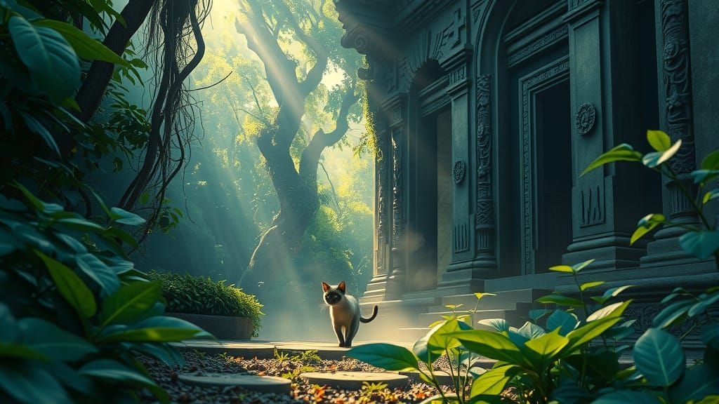 Siamese Cat in Overgrown Jungle Temple, Alcohol Ink Style