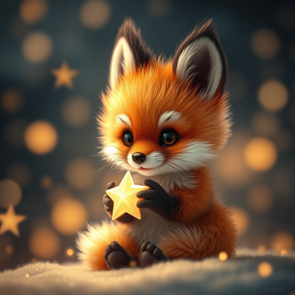 Adorable Fox Cub Holds a Star at Night