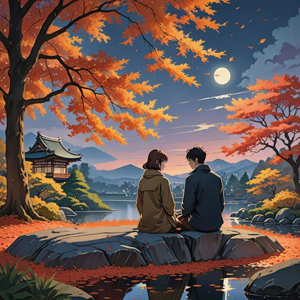 Romantic Sunset in Japanese Garden as Impressionistic Oil Pa...