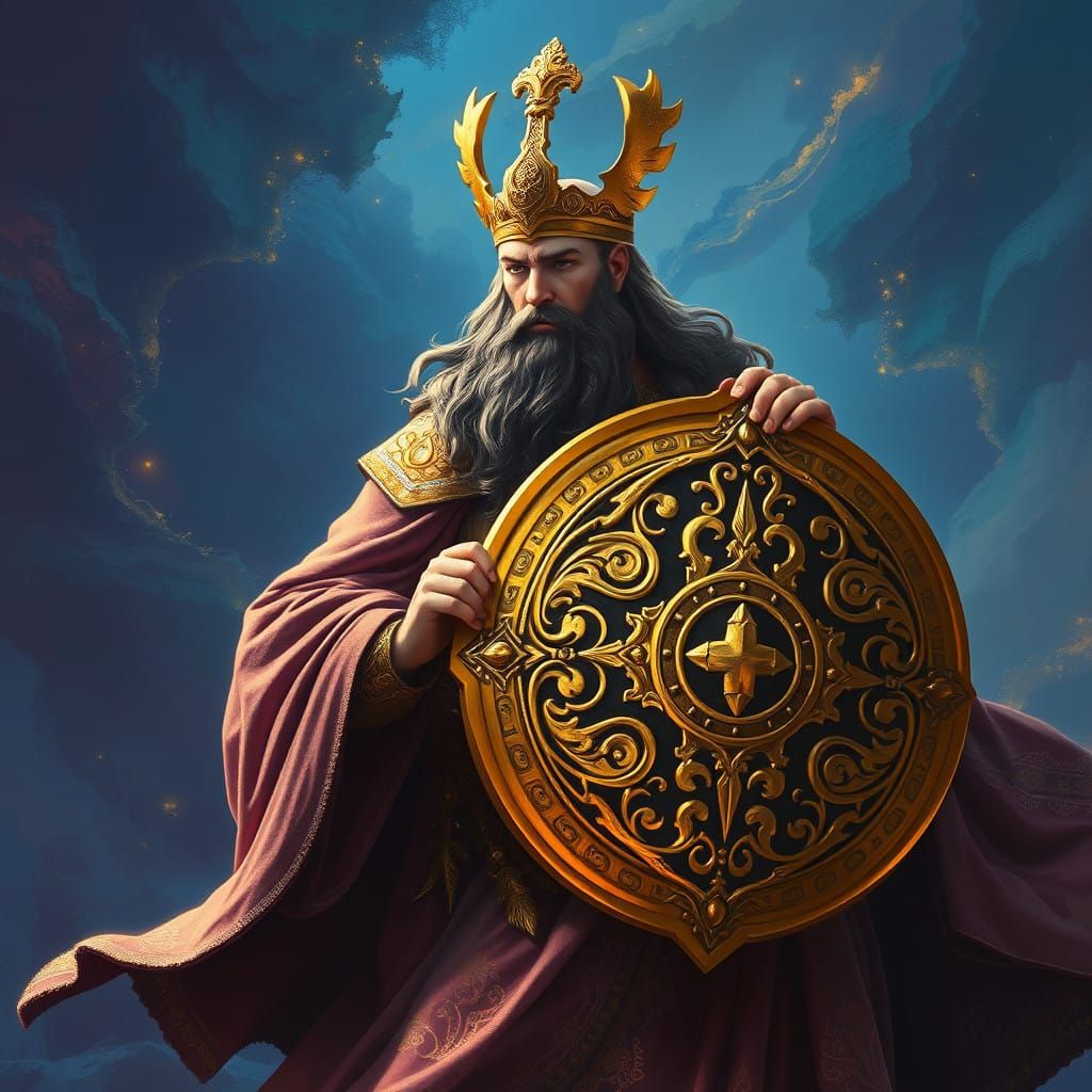 God Holding a Golden Shield in Majestic Robes