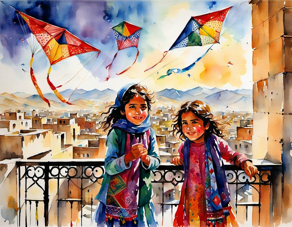 Afghan Girls Flying Kites: Watercolor Painting in Chagall St...