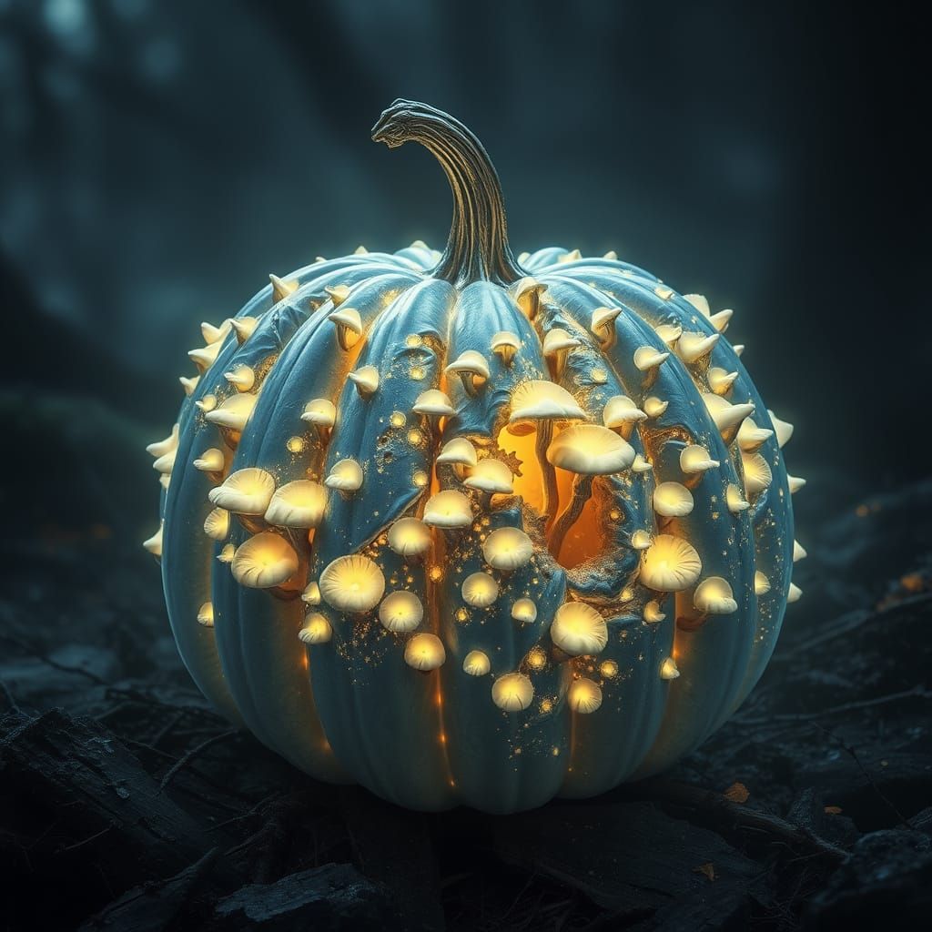 Glowing Cordyceps Silver Pumpkin in Misty Forest