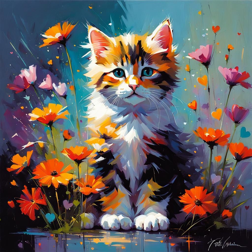 Cat with Flowers and Heart Lights Painting