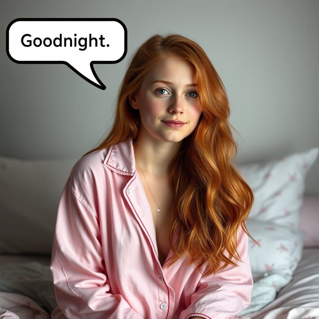 Ginger girl in pyjamas saying goodnight in a text balloon.