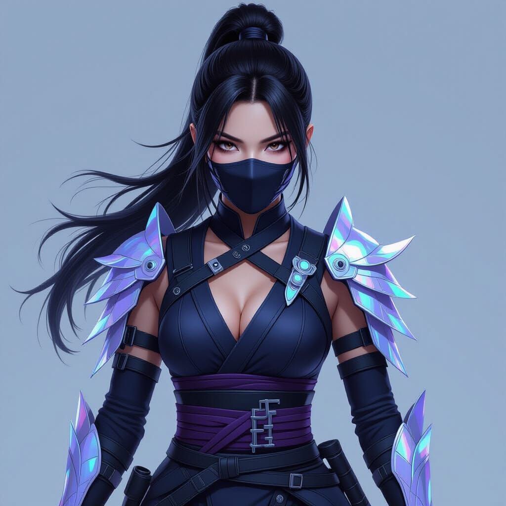 Female Ninja in Futuristic Armor with Feather Ornaments