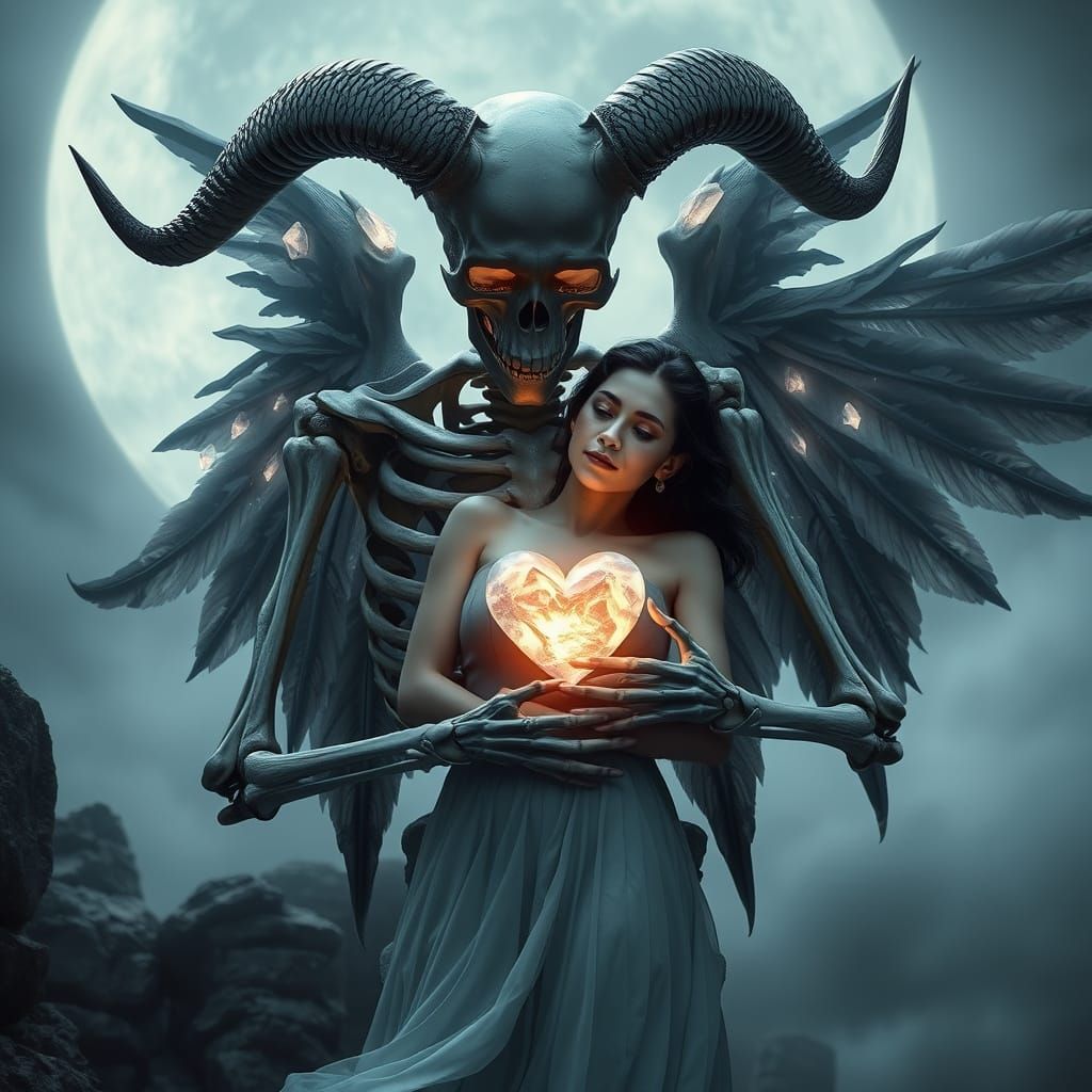 Skeletal Figure Embraces Woman in Gothic Dreamscape