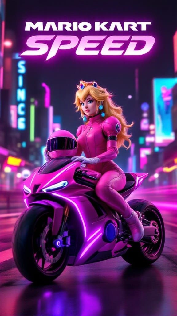 Ultra-Realistic Princess Peach on a High-Tech Racing Bike
