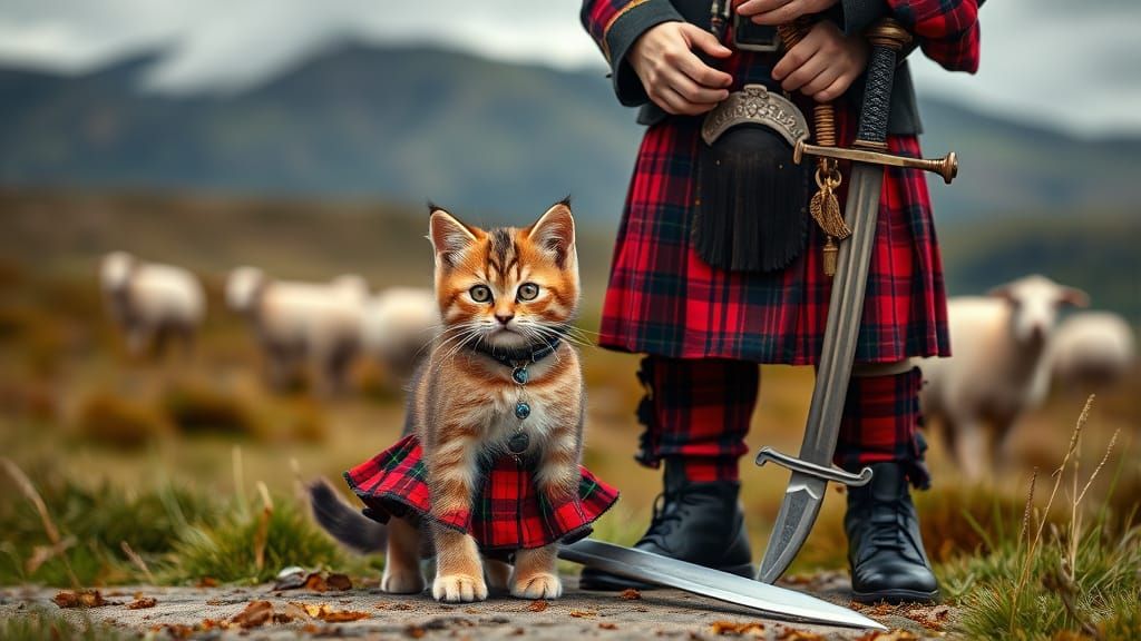 Kitten in Kilt with Piper on Scottish Moors