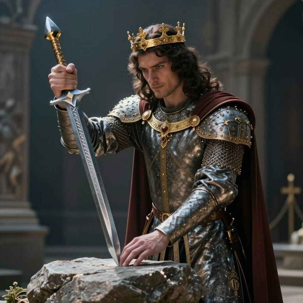 King Arthur Pulls Excalibur From Stone in Ethereal Scene