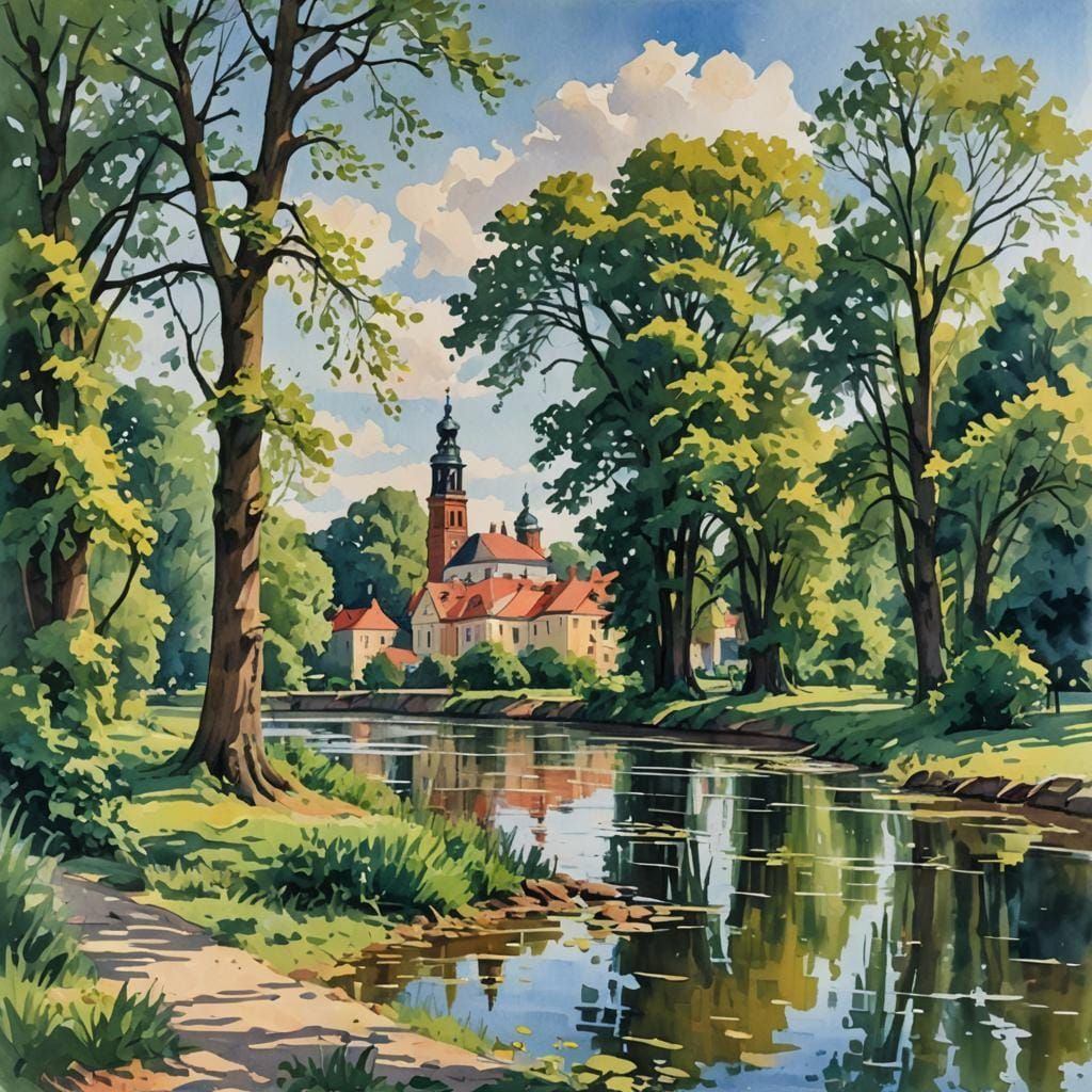 Ethereal German Landscape in Gouache Masterpiece